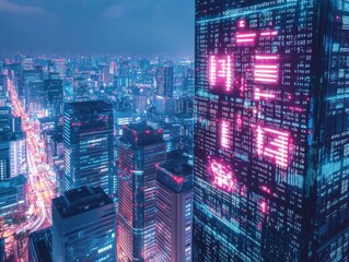 Obraz premium Futuristic Cityscape at Night with Illuminated Skyscrapers and Traffic