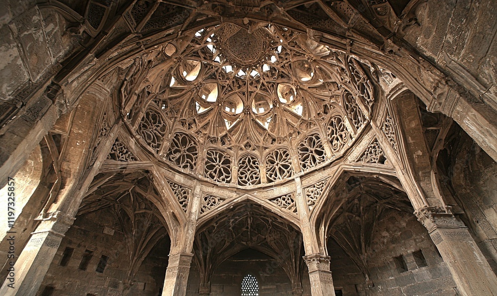 Poster ornate gothic ceiling with intricate stonework, light filtering through openings