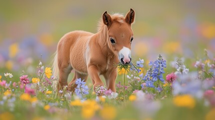 Cute foal exploring a vibrant wildflower meadow on a sunny day in spring