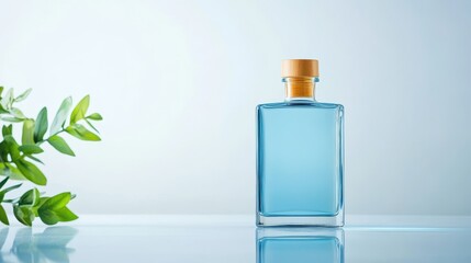 Elegant Blue Glass Bottle with Wooden Cap Against a Soft Background, Perfect for Product Display, Branding, and Promotional Use in Skincare or Fragrance Collections