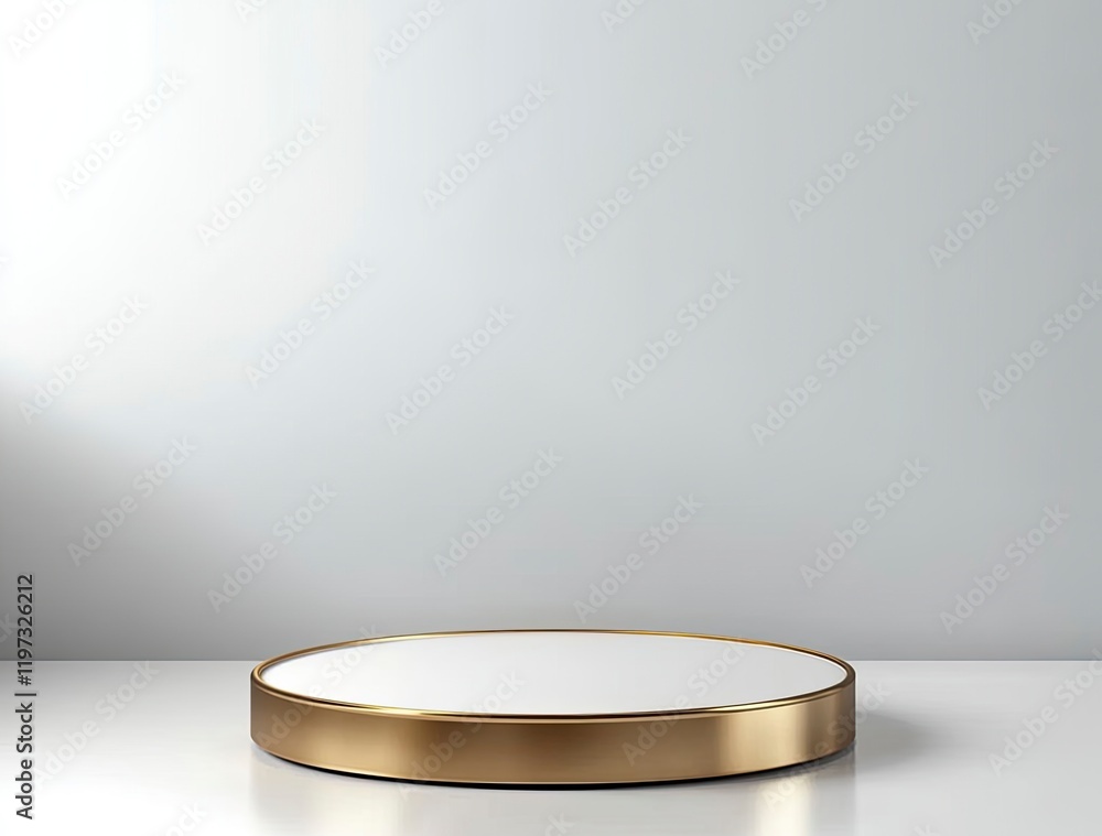 Poster 3d rendering on a white background with a golden cylinder podium and geometric platform for product 