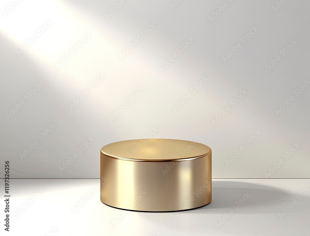 Poster 3d rendering on a white background with a golden cylinder podium and geometric platform for product 