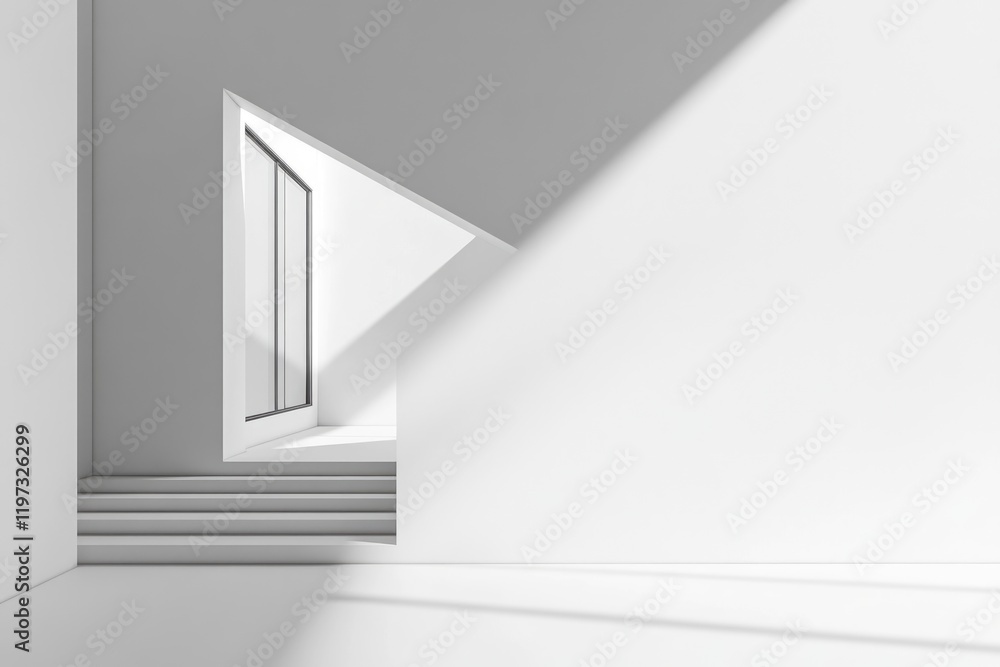 Poster this image showcases a sleek, minimalistic stairwell with a triangular window that casts an interest