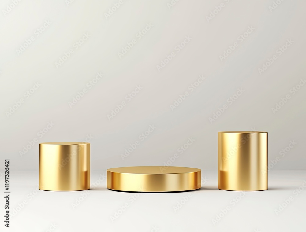 Poster 3d rendering on a white background with a golden cylinder podium and geometric platform for product 