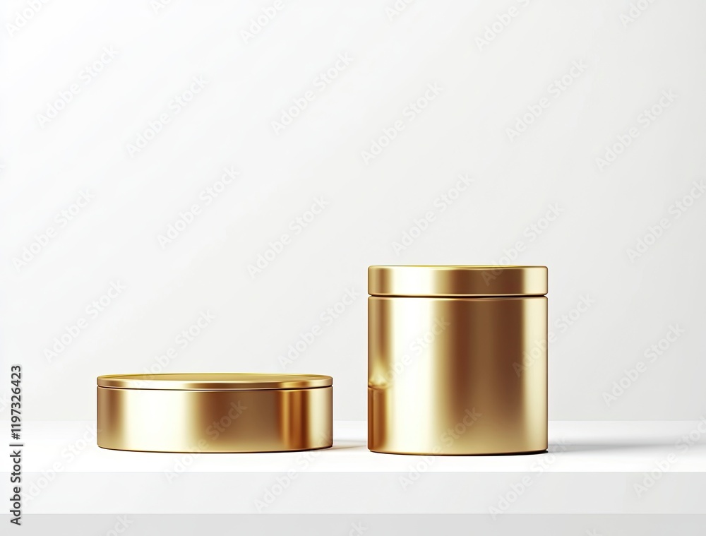 Poster 3d rendering on a white background with a golden cylinder podium and geometric platform for product 