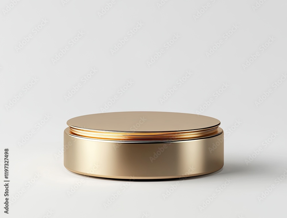Poster 3d rendering on a white background with a golden cylinder podium and geometric platform for product 