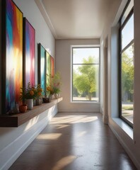 Obraz premium A sunny hallway lined with colorful artwork and filled with natural light from large windows , inviting decor , bright colors