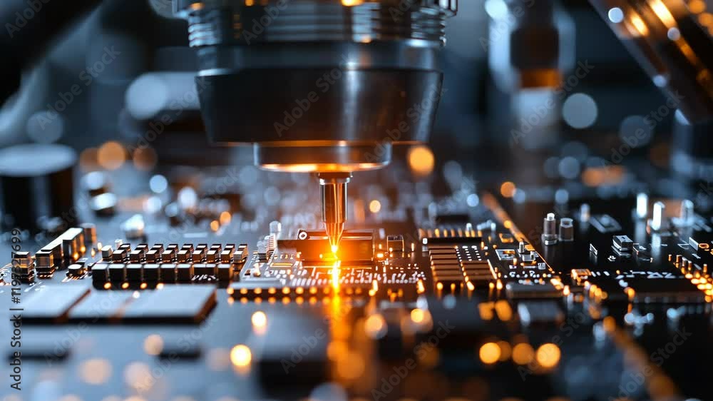 Poster advanced technology in action shows a precision laser component working on a circuit board