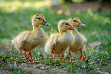 Obraz premium Two young ducklings are seen running through the grassy area. They appear playful and curious, characteristic of their age.