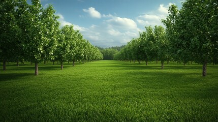 Lush Green Field of Trees Under a Bright Blue Sky Creating a Tranquil and Inviting Natural Landscape Evoking Peace and Harmony in Nature