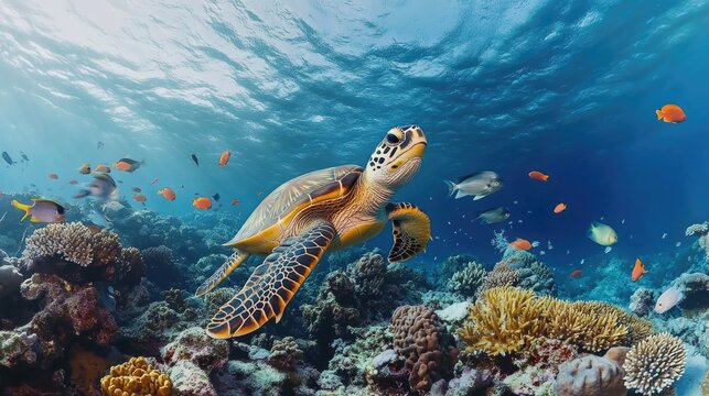 This image captures a vibrant underwater scene featuring a sea turtle and various tropical fish. The coral reef is rich with life, including the turtle and numerous species