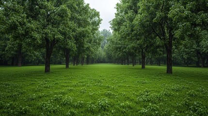 Lush Green Grass Field with Towering Trees in the Background Under a Clear Blue Sky Creating a Peaceful and Inviting Natural Landscape Scene