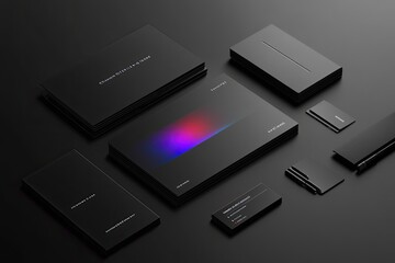 Dark elegant branding mockup on black background, showcasing packaging, cards, and boxes for corporate identity design