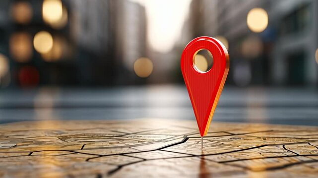 A bright red locator symbol stands out on a detailed street map, representing key navigation in an urban environment