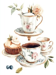 Fototapeta premium A tea set with a cupcake, tea pot and blueberries. Perfect for an afternoon tea party.