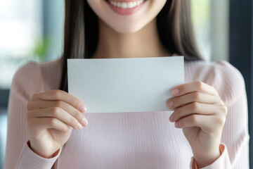 Smiling businesswoman showing a blank paper coupon or paycheck, great for adding your own text or design