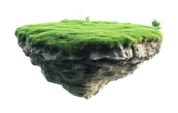 Floating green lawn island on high fidelity nature concept minimalist environment isolated on transparent background png