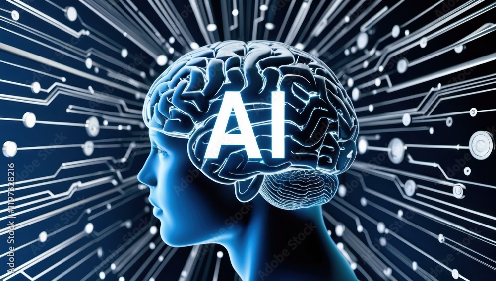 Poster ai text title in center and brain intelligence machine innovation tech automation in silver white de