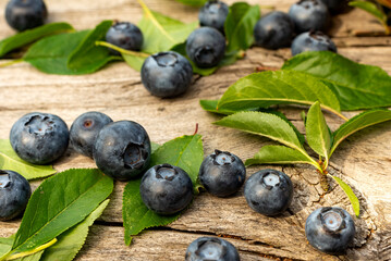 Blueberries lie on a wooden surface in a plate. Blueberries scattered on a wooden table