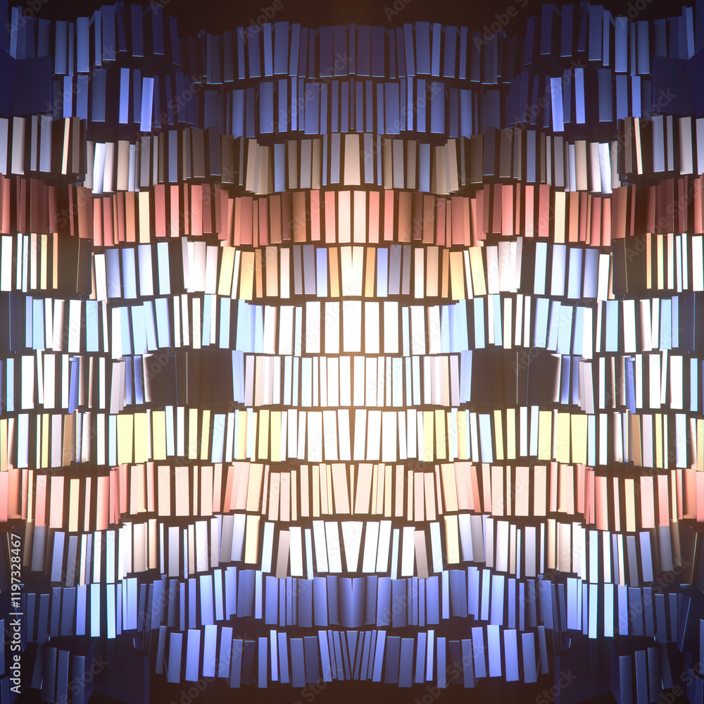 Fototapete Symmetrical composition of glossy bands of colored rectangles creating wave patterns. 3d rendering illustration