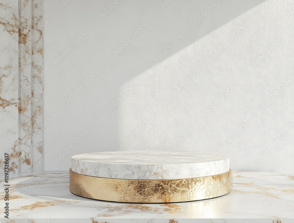 Poster 3d rendering on a white background with a golden cylinder podium and geometric platform for product 