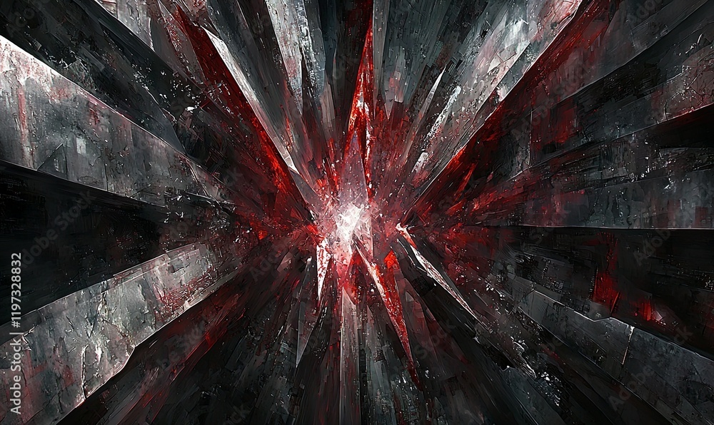 Poster red and gray crystal shards exploding outwards from bright center, abstract background