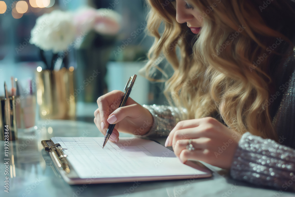 Poster close up of female hands writing notes on a clipboard while managing tasks and planning projects in 
