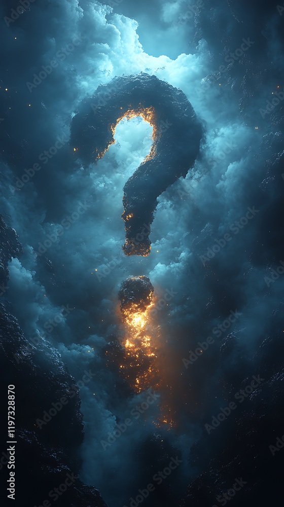 Poster mysterious glowing question mark formed by clouds and fire, creating an intriguing atmosphere