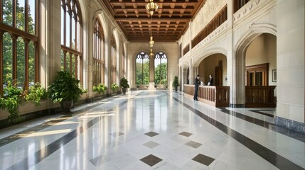 Fototapeta premium A spacious, elegantly designed hall with large windows, intricate wooden beams, and polished floors, surrounded by greenery.