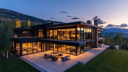 Fototapeta premium A modern, luxurious house with large glass windows and a scenic view, illuminated at dusk, showcasing contemporary architecture and landscaping.