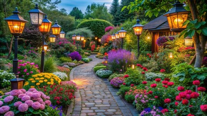 Obraz premium A variety of colorful flowers and shrubs adorn the garden's walking paths, with vibrant lanterns lining the way, flowers, outdoor decor, greenery, color palette, garden design