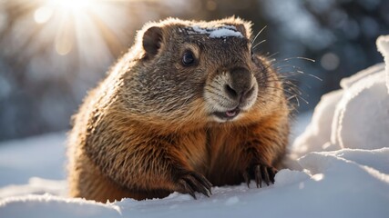 Obraz premium A close-up of a marmot in the snow, illuminated by sunlight.