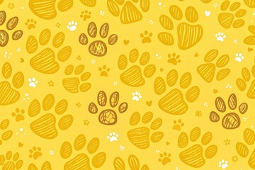 A vibrant and energetic background featuring a yellow doodle paw print pattern with bold lines and shapes, playful, paw prints, clean, artistic