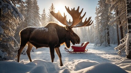 A moose stands beside a red sleigh in a snowy forest, illuminated by soft sunlight.