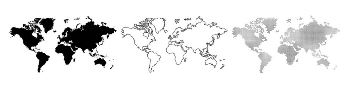 Dotted world map, line drawing of world map, world map silhouette