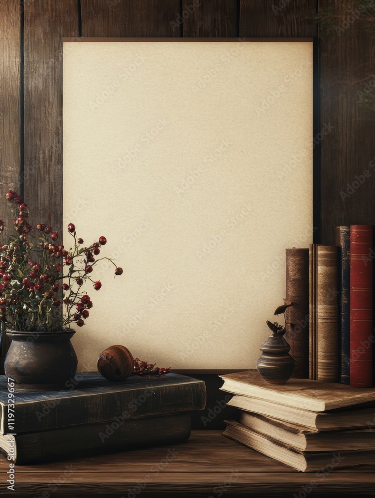 Aufkleber Creative mock up space in a cozy library with empty frame for text and vintage books on wooden shelf. Generative AI