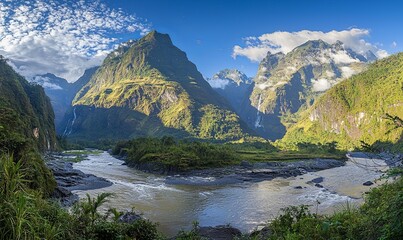 Fototapeta premium River flowing through green valley with towering mountains and waterfalls under a blue sky