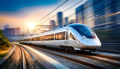 Naklejka premium High-speed train speeding through city at sunset. Dynamic motion blur captures the energy of modern travel and urban landscapes. Perfect for transportation, technology, and speed themes.
