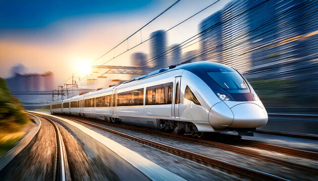 High-speed train speeding through city at sunset. Dynamic motion blur captures the energy of modern travel and urban landscapes. Perfect for transportation, technology, and speed themes.