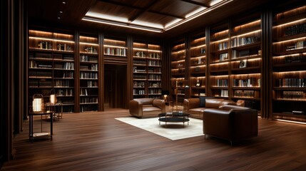 Obraz premium A modern library interior featuring dark wood shelves filled with books, elegant seating, and warm lighting, creating a cozy reading atmosphere.