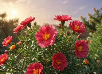 Fototapeta premium A vibrant Portulaca grandiflora flower blooms against a warm summer sky and lush greenery with delicate texture , colorful, vibrant, bloom