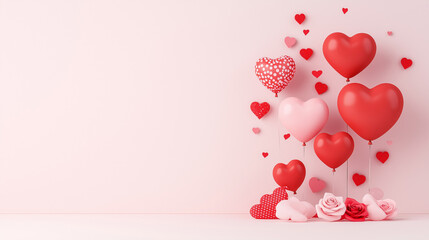 Valentine's Day Balloons and Roses: A romantic scene with a cluster of heart-shaped balloons in red and pink hues, floating against a delicate pink background, accompanied by delicate rose blooms.