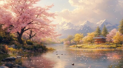 Fototapeta premium Cherry blossoms bloom by tranquil river as mountains rise under blue sky in serene nature setting during early spring. Generative AI
