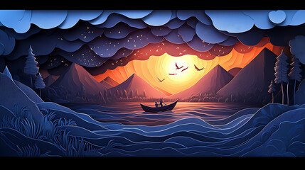 Paper art and cut style concept of World Oceans craft paper of sea waves Beautiful underwater world Paper art and cut style 