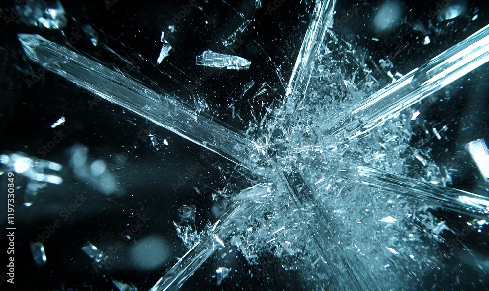 Poster shattered crystal exploding on dark background, ideal for abstract or sci-fi projects