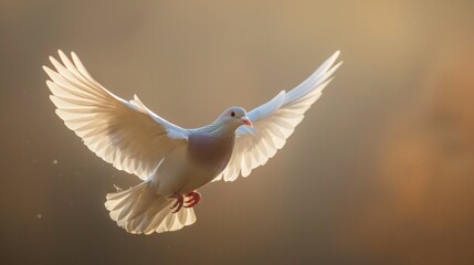 Fototapeta premium A white dove in flight against a sunset background. Ideal for illustrations related to peace and freedom, as well as religious and spiritual themes.