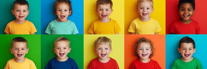 Happy Kids, Vibrant Colors, Studio Portraits On Multicolored Background. Childhood, Diversity