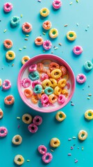 Colorful cereal rings in a pink bowl on a blue background. Great for kids blogs and breakfast articles.