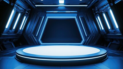 Obraz premium 3D rendering of blue and white futuristic stage for product display in space station
