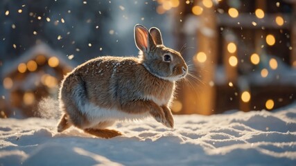 Obraz premium A rabbit hops through snowy terrain, illuminated by warm lights in the background.